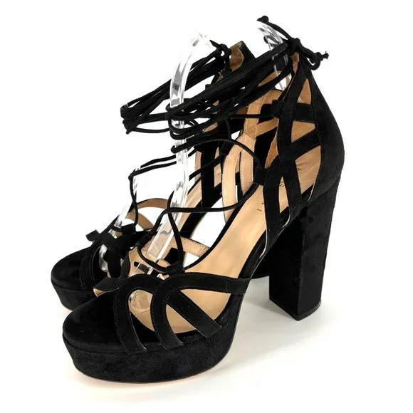 M. GEMI Lace Up‎ Sandal Strappy Suede Leather Chunky Heels Open Toe Size …